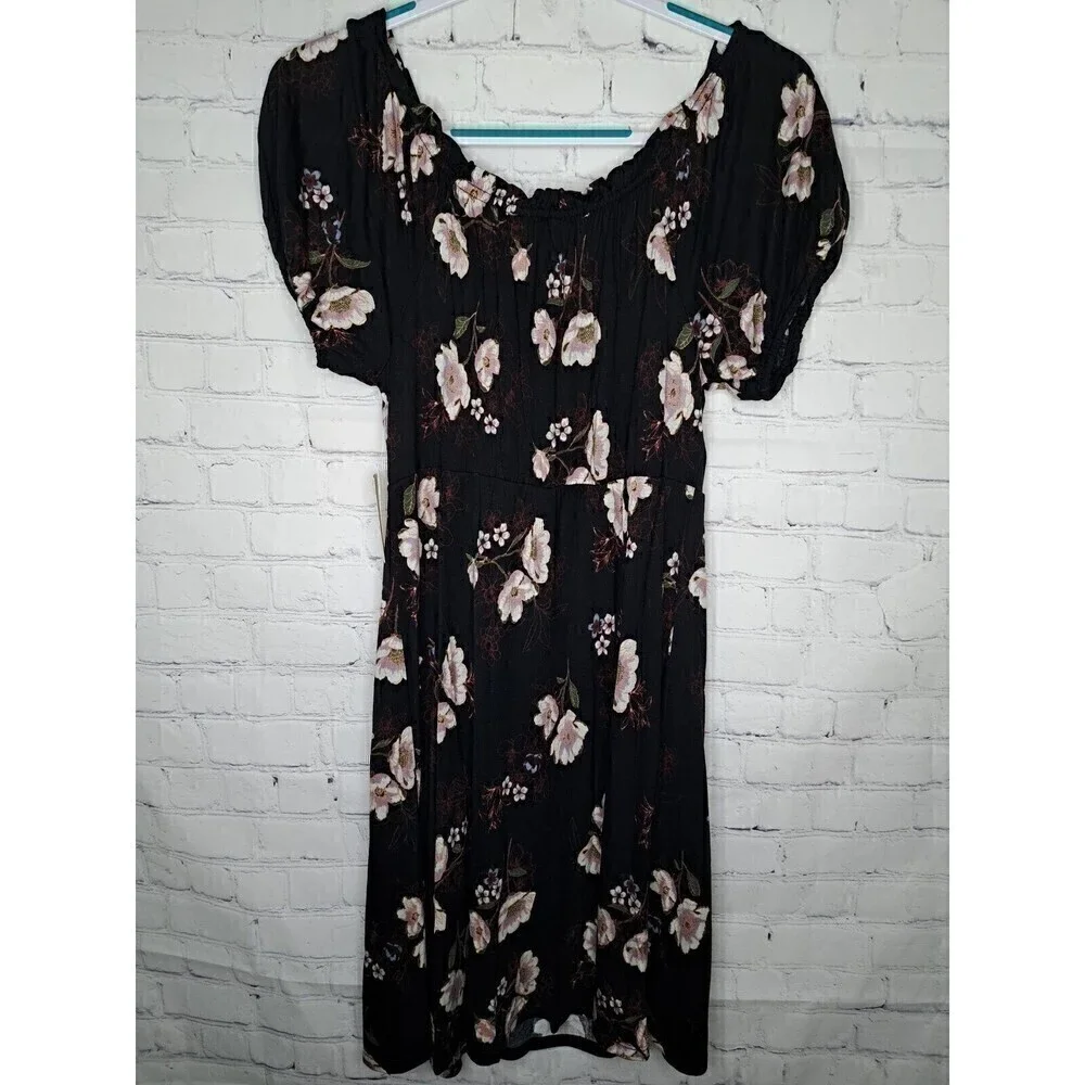American Rag Floral Black Size Medium Ladder Knit Flouncy Peasant Dress NWT - Picture 4 of 6